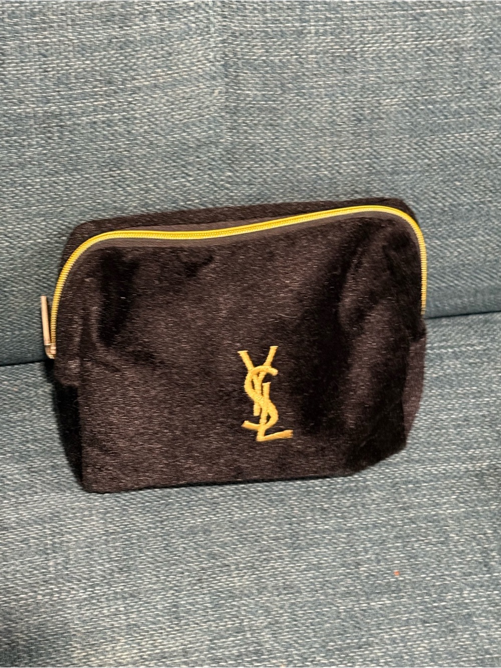 Yves Saint Laurent Black Velvet Toiletry Pouch with Yellow Trim